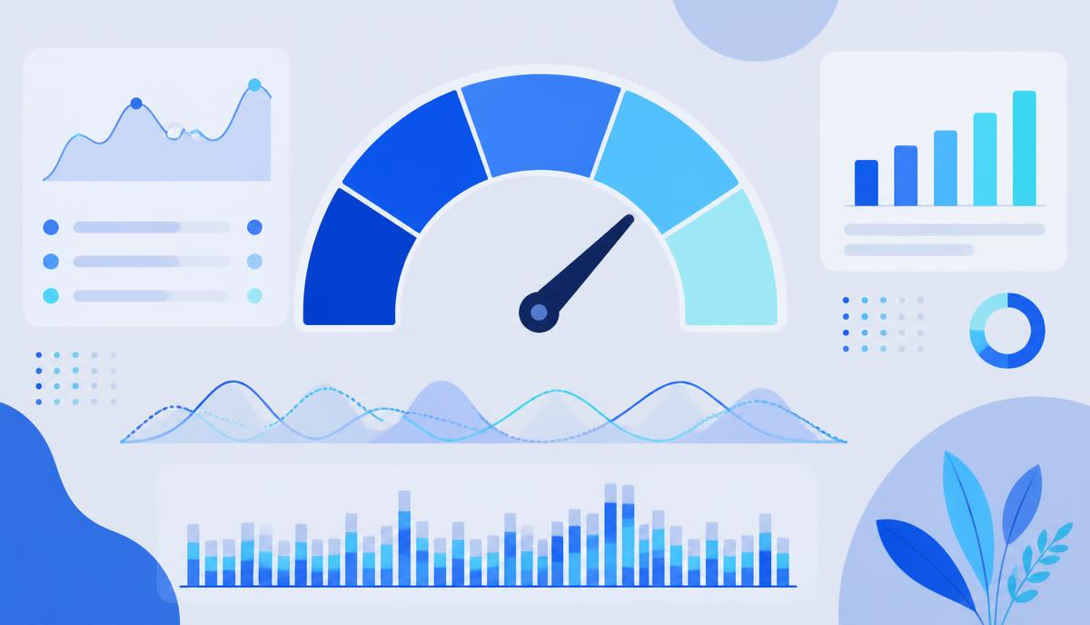 Abstract dashboard illustration with a gauge, bar charts and waveform lines